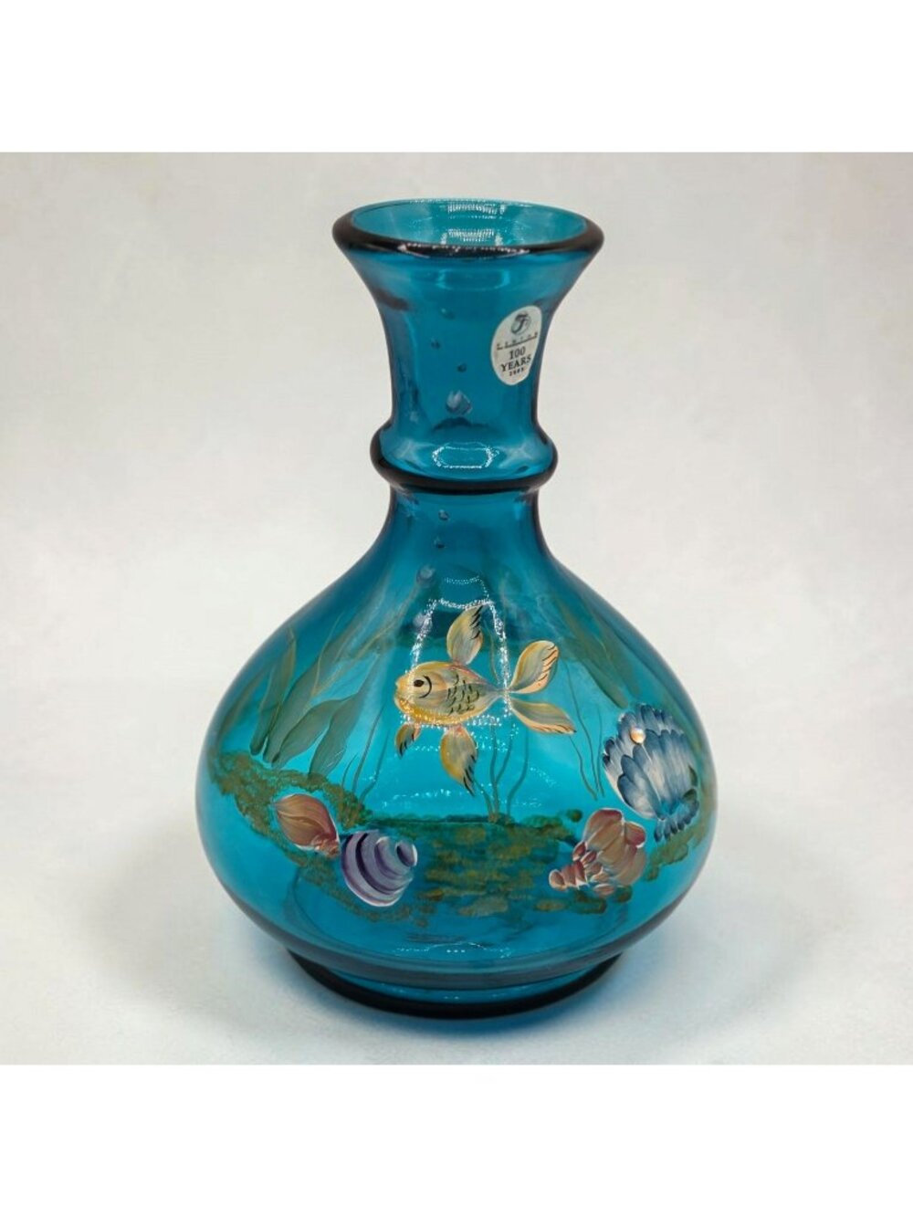 Fenton Art Glass 100th Anniversary Vase Goldfish Seashells Aqua Blue K Barley